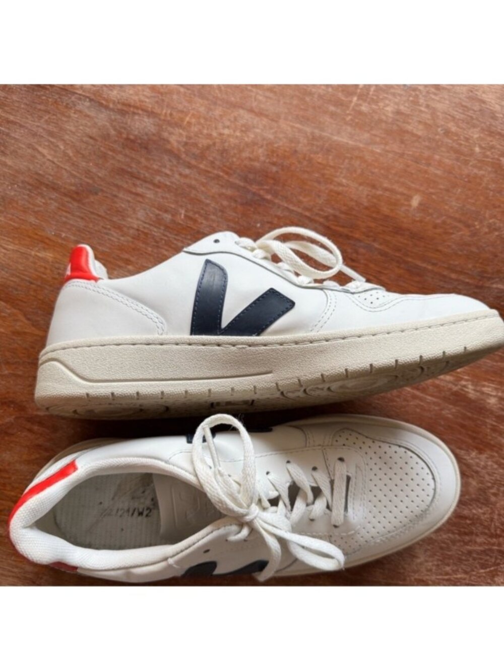 Veja White Sneakers with Navy V and Red  Heel Tab - Picture 2 of 12